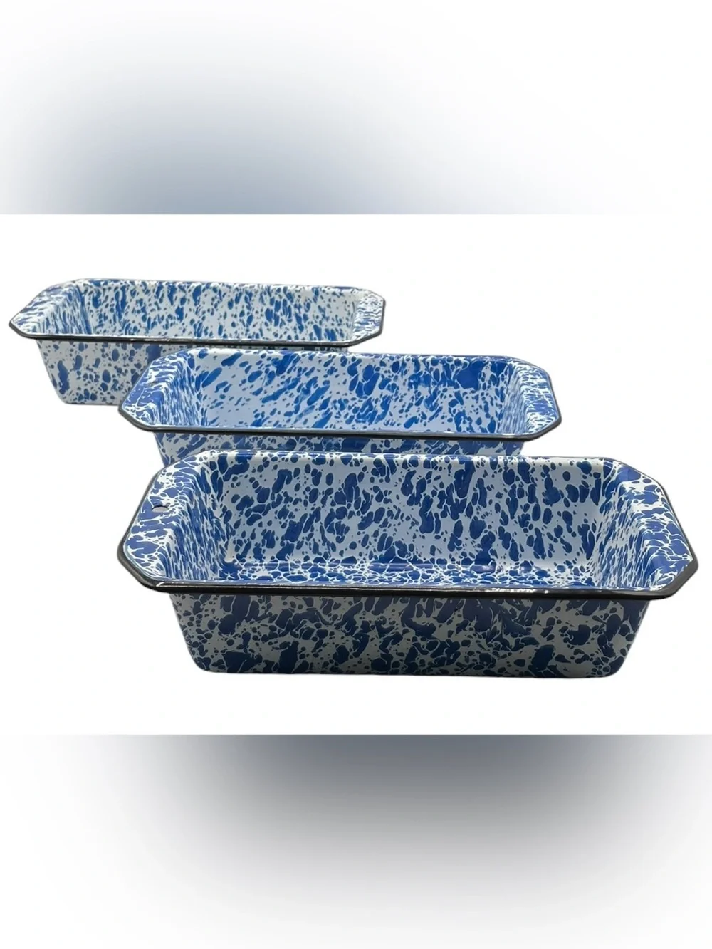 3 Vintage Enamelware Baking Loaf Pans Blue White Splatter CGS International